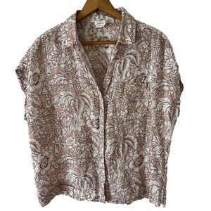 C&C California 100% Linen Top Womens Sz Med Boxy Cap Sleeve Tropical Shirt